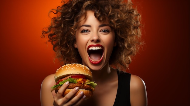 donna con un hamburger in studio su sfondo nero