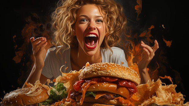 donna con un hamburger in studio su sfondo nero