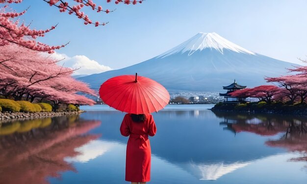 donna con un ombrello rosso in piedi di fronte a un lago calmo con il monte Fuji sullo sfondo