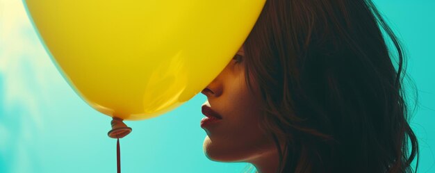 Donna con un palloncino giallo contro il cielo blu