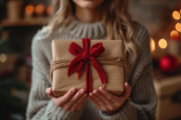 Donna con un regalo avvolto a mano con un arco a maglia rossa sullo sfondo festivo