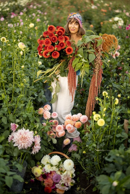 Donna con un sacco di fiori sulla fattoria di dalia all'aperto