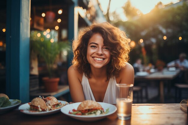 Donna con un sorriso che assapora tacos e bevande sul patio di un ristorante