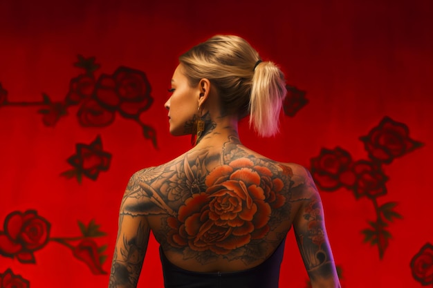 Donna con un tatuaggio sulla schiena e un fiore sulla spalla IA generativa