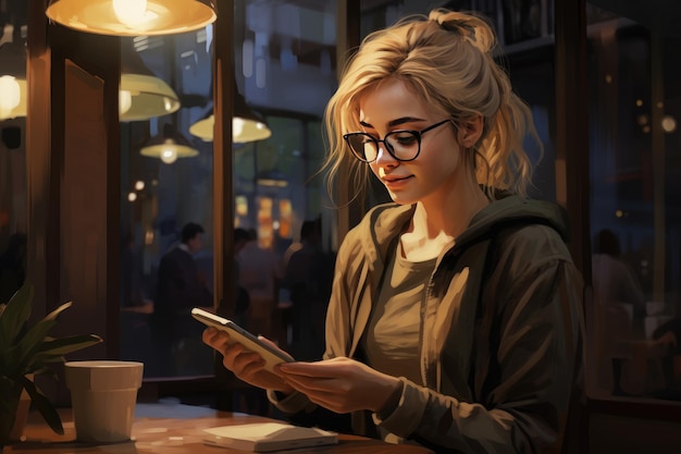 Donna con un telefono cellulare che beve caffè in un caffè