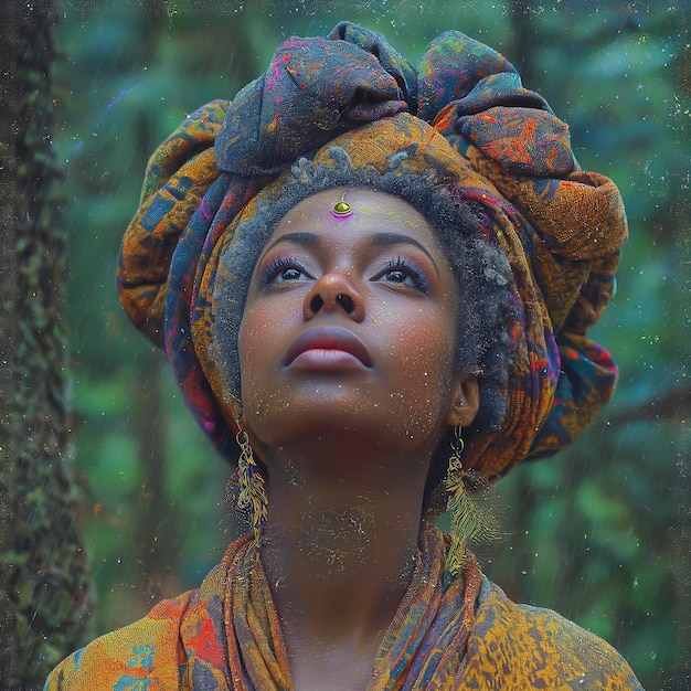 Donna con un turbante sulla testa nel bosco