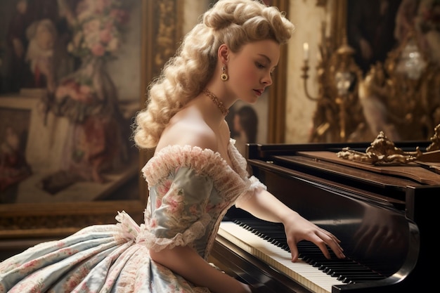 Donna con un vestito del XIX secolo nel boudoir in piedi al pianoforte coquetamente guardando le note
