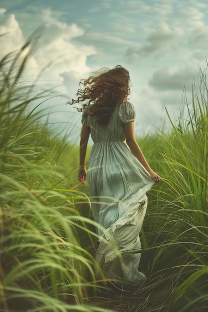 donna con un vestito in un campo di grano IA generativa