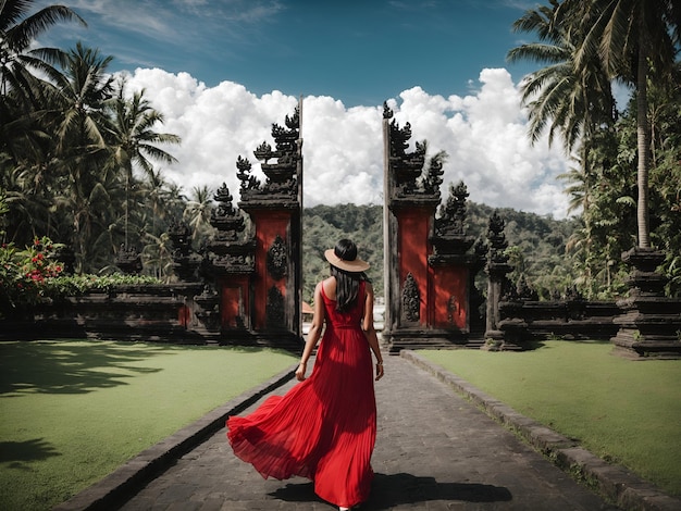 Donna con un vestito rosso che cammina al grande cancello d'ingresso di Bali in Indonesia