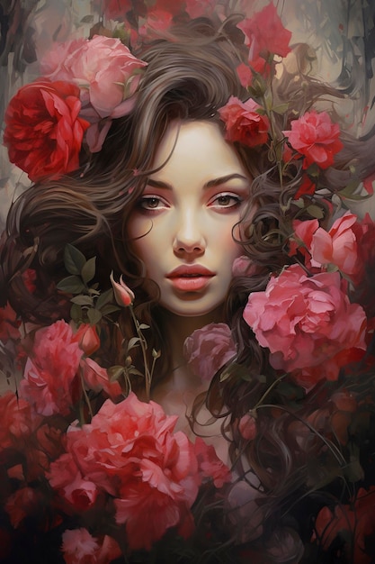 Donna con un viso misterioso circondata da fiori e rose tutte realistiche