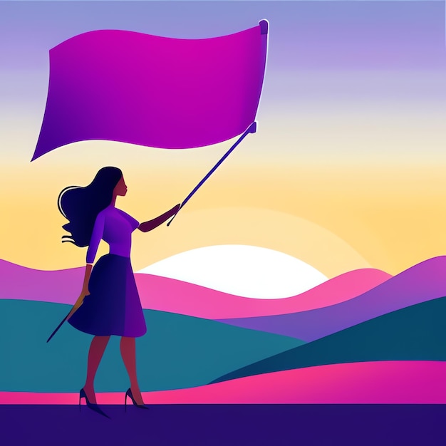 Donna con una bandiera viola Giornata della donna Donne empowered