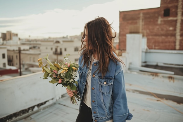 Donna con una giacca di denim con un bouquet fresco che cammina su un tetto urbano