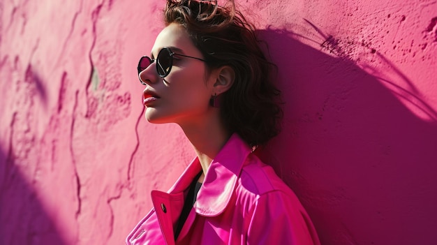 donna con una giacca rosa e occhiali da sole e sfondo rosa