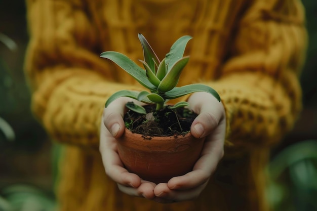 Donna con una pianta in vaso connessione naturale verde e serena