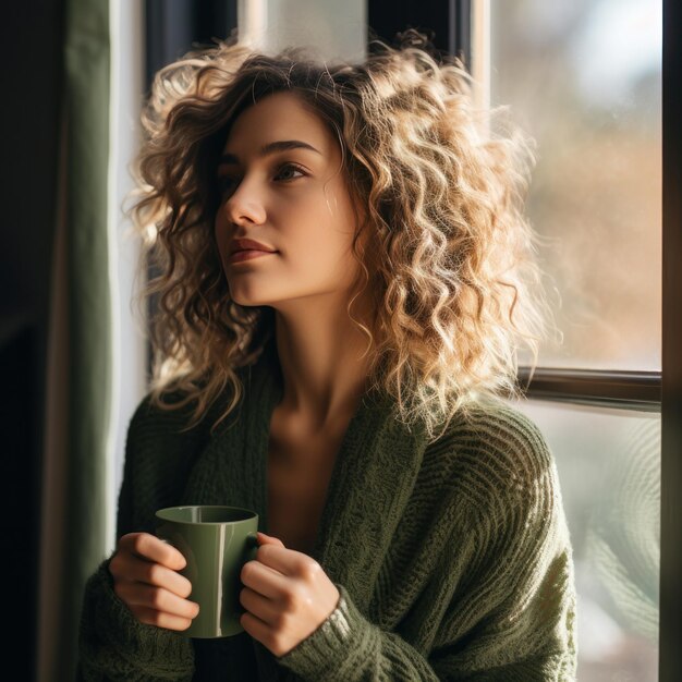 Donna con una tazza di caffè in mano e che guarda fuori dalla finestra