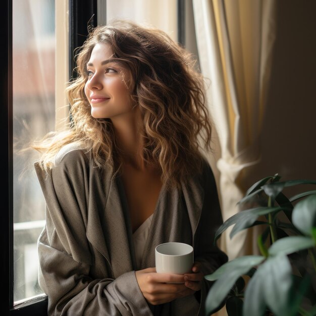 Donna con una tazza di caffè in mano e che guarda fuori dalla finestra