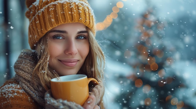 Donna con una tazza di caffè nella neve