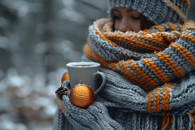 Donna con una tazza di caffè nella neve