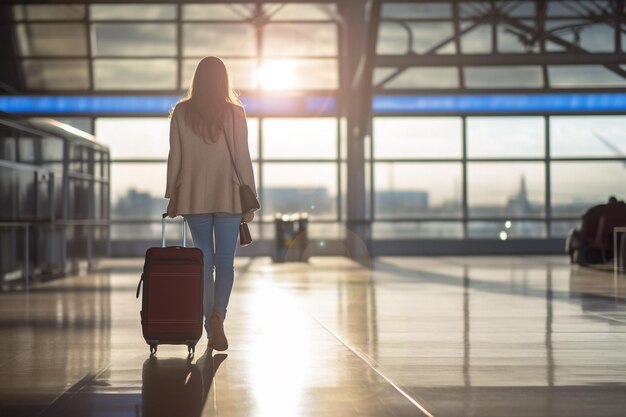 Donna con una valigia che cammina nel terminal dell'aeroporto internazionale