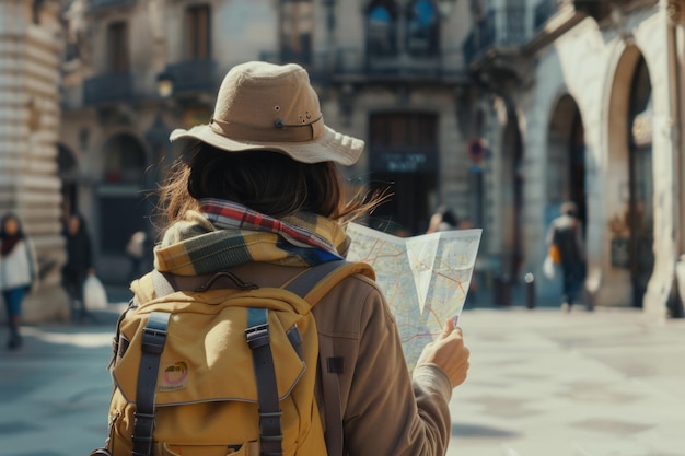 Donna con uno zaino che guarda una mappa mentre visita una città straniera AI generativa