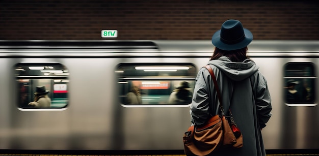 Donna con uno zaino nel banner della vista posteriore della metropolitana IA generativa