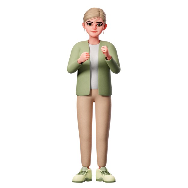 Donna con welldressed che mostra pronto a combattere la posa 3D Character Render Illustration