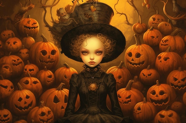 Donna con zucche luminose in una misteriosa notte buia e spaventosa durante le vacanze autunnali di Halloween