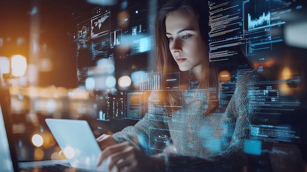 Donna concentrata che analizza i dati su un portatile con sovrapposizione grafica virtuale