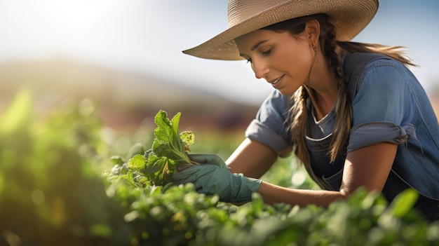 Donna contadina che raccoglie lattuga da un campo