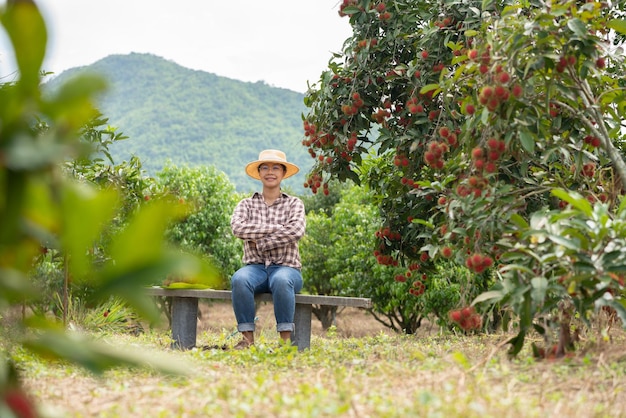 Donna Contadina stanca quando lavora con Tablet per il controllo della qualità della frutta Rambutan in agricoltura