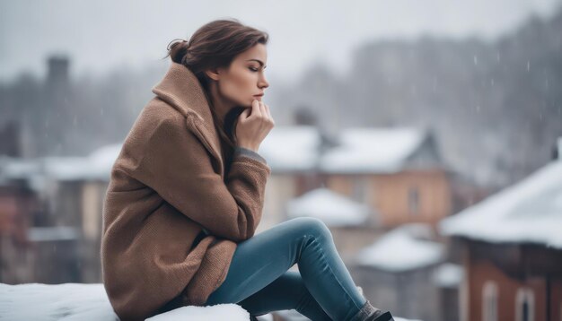 Donna contemplativa nel paesaggio urbano invernale