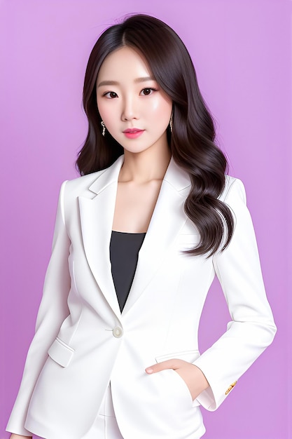 donna coreana in tuta da ufficio con sfondo rosa