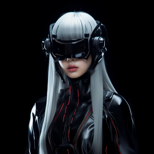 Donna cyberpunk con occhiali da sole futuristici Modello 3D realistico del bellissimo cyborg in posa Ai generato