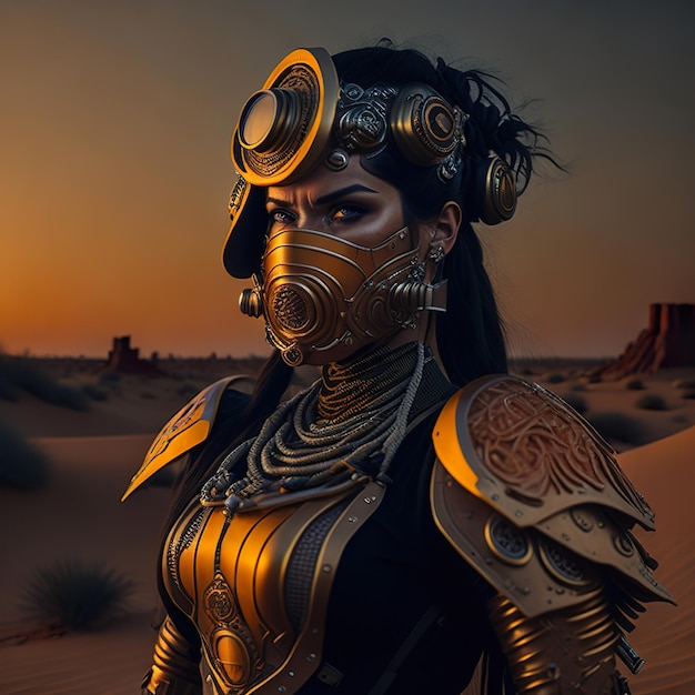 Donna cyberpunk in abito futuristico e maschera con abiti arancioni nel deserto al tramonto