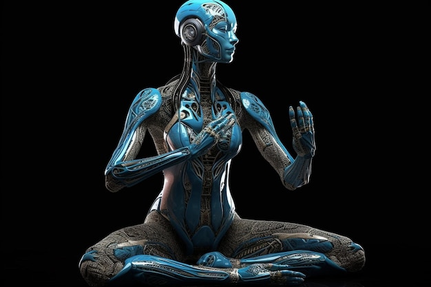 Donna cyborg che medita su sfondo nero rendering 3D