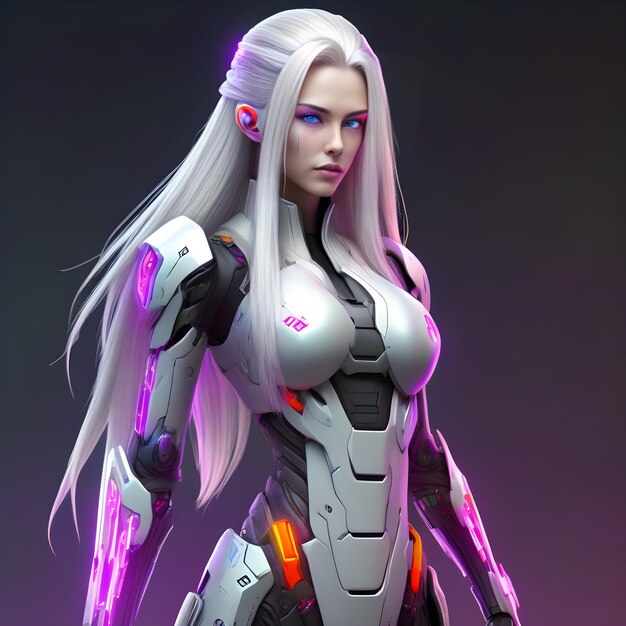 Donna cyborg con capelli viola e armatura bianca