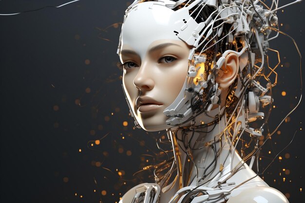 Donna cyborg futuristica e background tecnologico di Ai con spazio personalizzabile per il testo