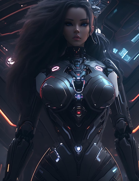 Donna cyborg in futuristica tuta spaziale oscura rendering 3D