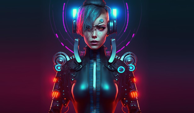 Donna cyborg in stile cyberpunk Robot in un vestito con un'illustrazione 3d di taglio di capelli