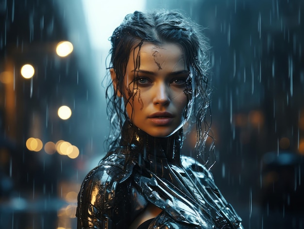 Donna cyborg sotto la pioggia con il sangue in faccia.