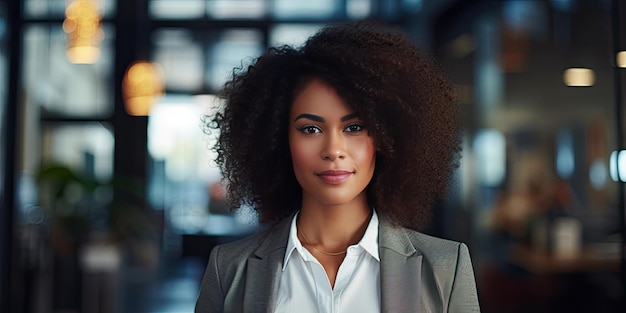 Donna d'affari afroamericana che indossa blazer sullo sfondo dell'ufficio