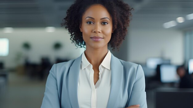 Donna d'affari afroamericana in ufficio che sorride guardando la telecamera professionista femminile