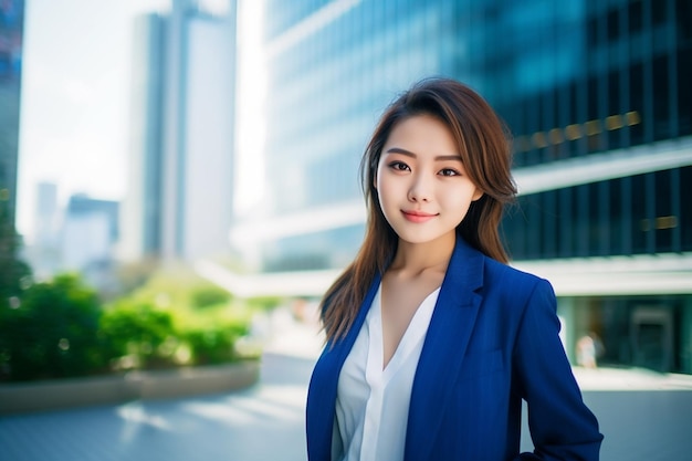 Donna d'affari asiatica che indossa giacca blu navy con vista sui grattacieli