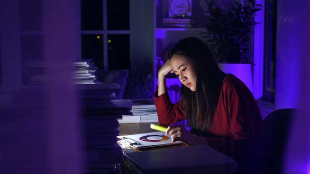 Donna d'affari asiatica che lavora duramente fino a tardi con molti documenti a casa. Occupato ed esausto per il lavoro straordinario notturno.