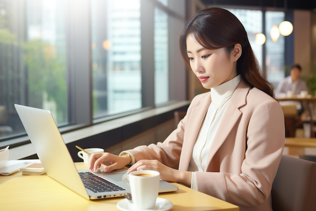 Donna d'affari asiatica che lavora in un computer portatile al bar Illustrazione dell'intelligenza artificiale generativa