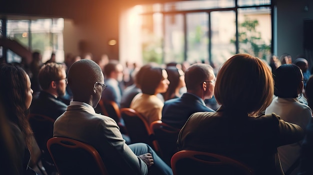 Donna d'affari che fa una presentazione a una conferenza d'affari fuori fuoco guardando il pubblico