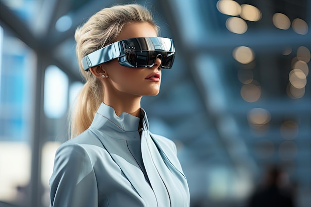 Donna d'affari che indossa un auricolare VR mondo surreale e realtà virtuale che lavora in un ufficio moderno da