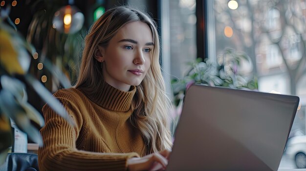 donna d'affari che lavora al portatile dentro un caffè