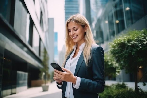 Donna d'affari che manda SMS sullo smartphone fuori dall'edificio moderno