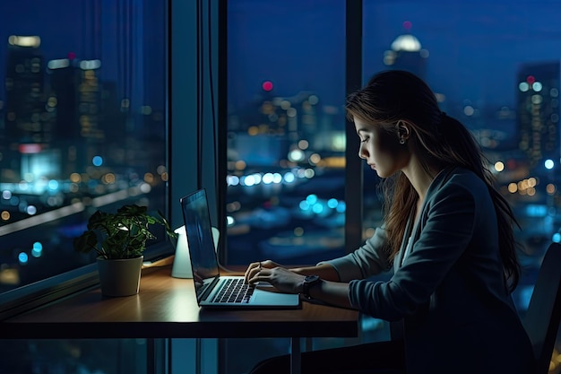 Donna d'affari che scrive sul portatile che lavora fino a tardi in ufficio con la vista notturna della grande città